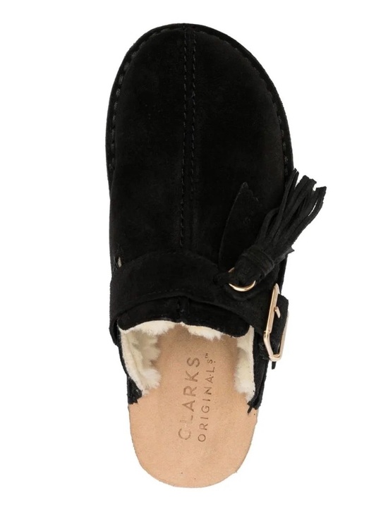 Clarks Shoes - Clark’s Original | Women’s  Black Suede Slide Mules with Tassel and Buckle | 7